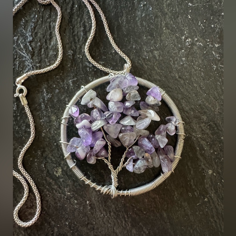 Wire wrapped amethyst tree silver necklace women’s jewelry